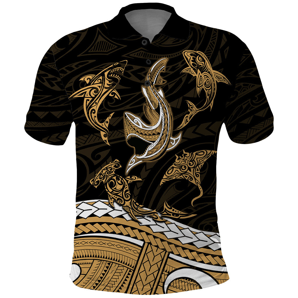 Polynesian Tribal Polo Shirt with Sharks Tattoo Gold LT6