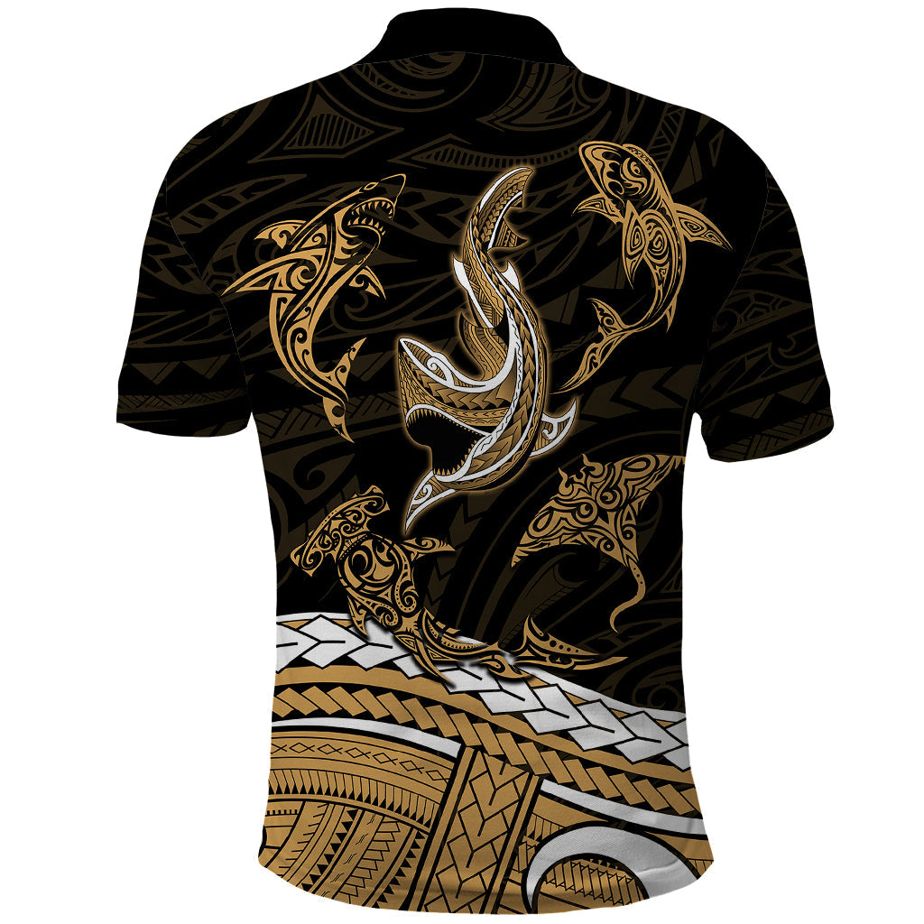 Polynesian Tribal Polo Shirt with Sharks Tattoo Gold LT6