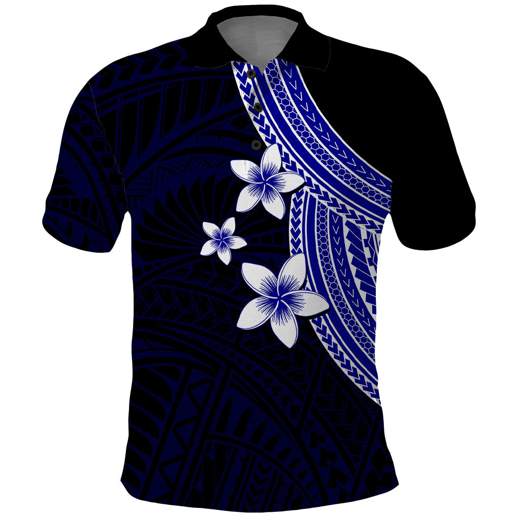 Polynesian Polo Shirt With Plumeria Flower Blue LT6