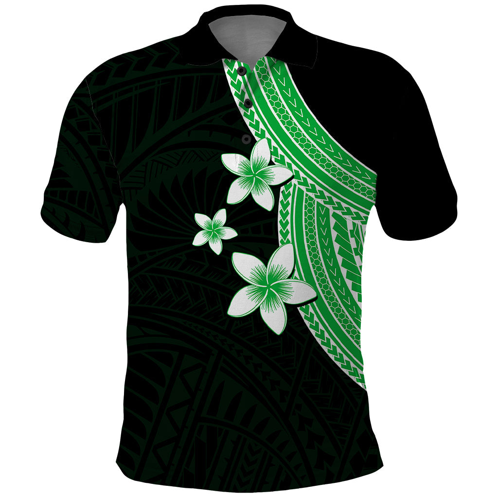 Polynesian Polo Shirt With Plumeria Flower Green LT6