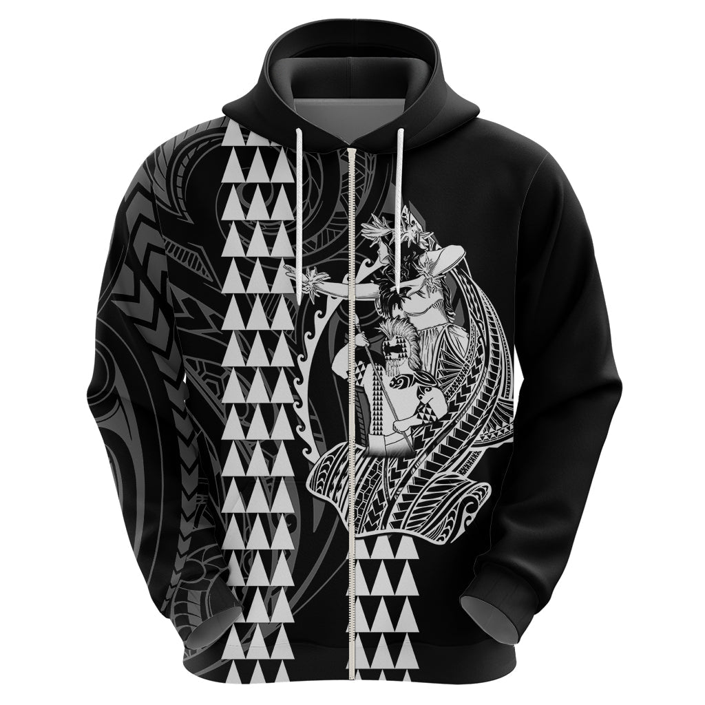 Polynesian Hoodie Hawaiian Warrior and Aloha Girl With Hammerhead Shark Tattoos White LT6
