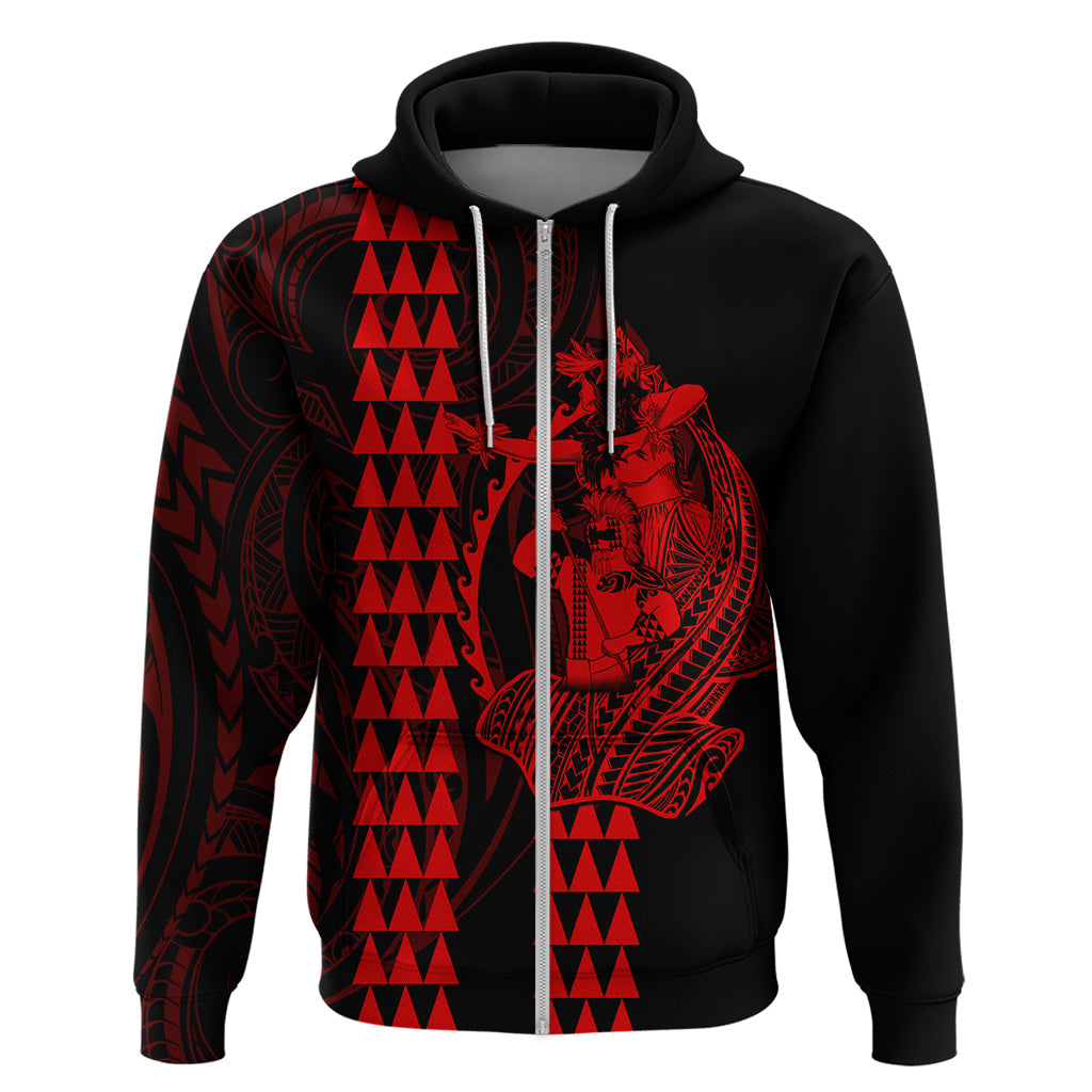 Polynesian Hoodie Hawaiian Warrior and Aloha Girl With Hammerhead Shark Tattoos Red LT6
