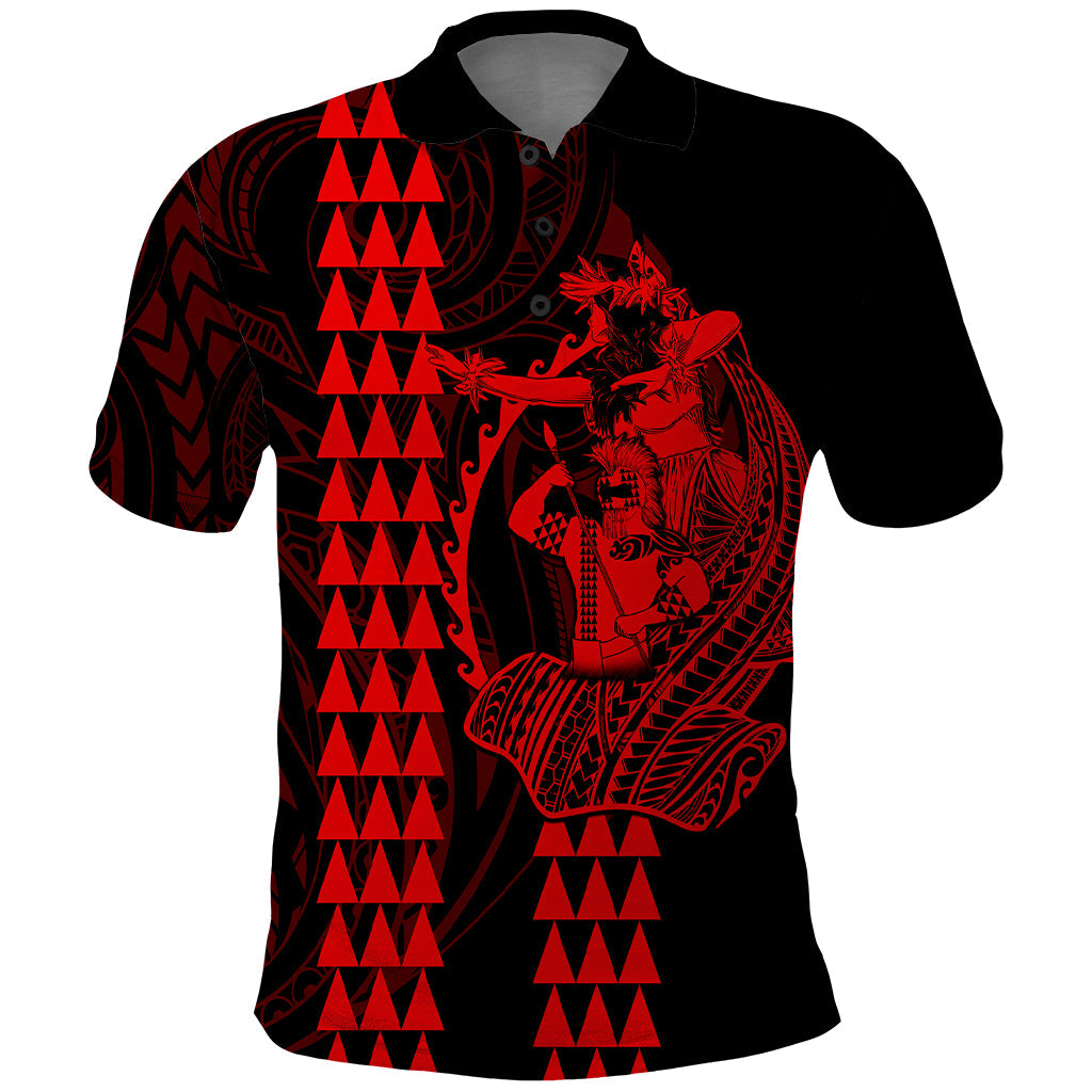 Polynesian Polo Shirt Hawaiian Warrior and Aloha Girl With Hammerhead Shark Tattoos Red LT6