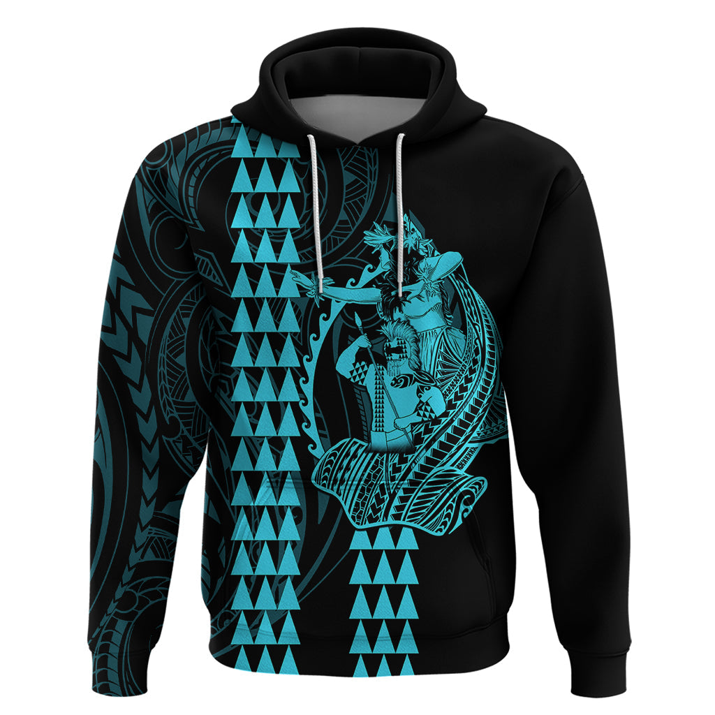 Polynesian Hoodie Hawaiian Warrior and Aloha Girl With Hammerhead Shark Tattoos Light Blue LT6