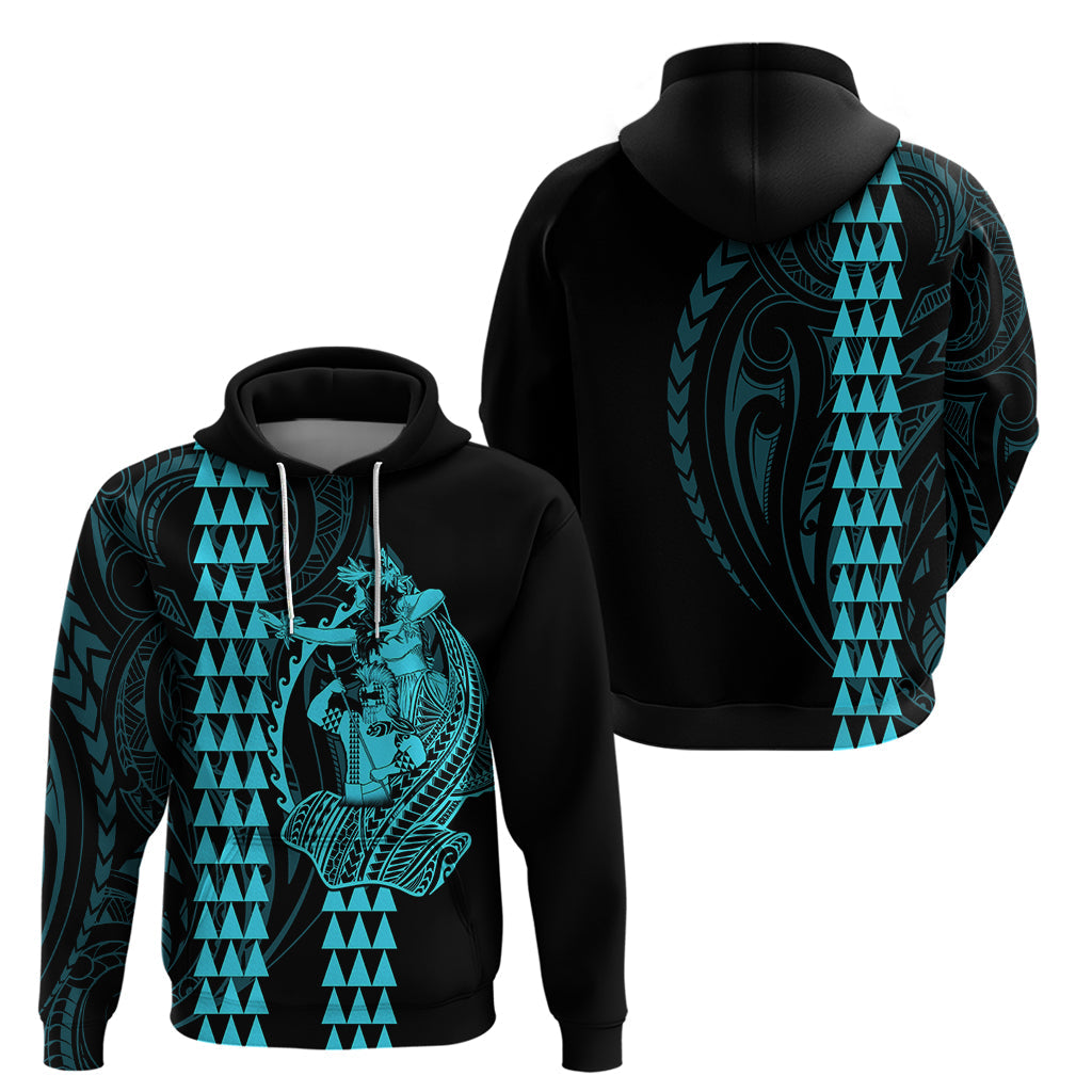Polynesian Hoodie Hawaiian Warrior and Aloha Girl With Hammerhead Shark Tattoos Light Blue LT6