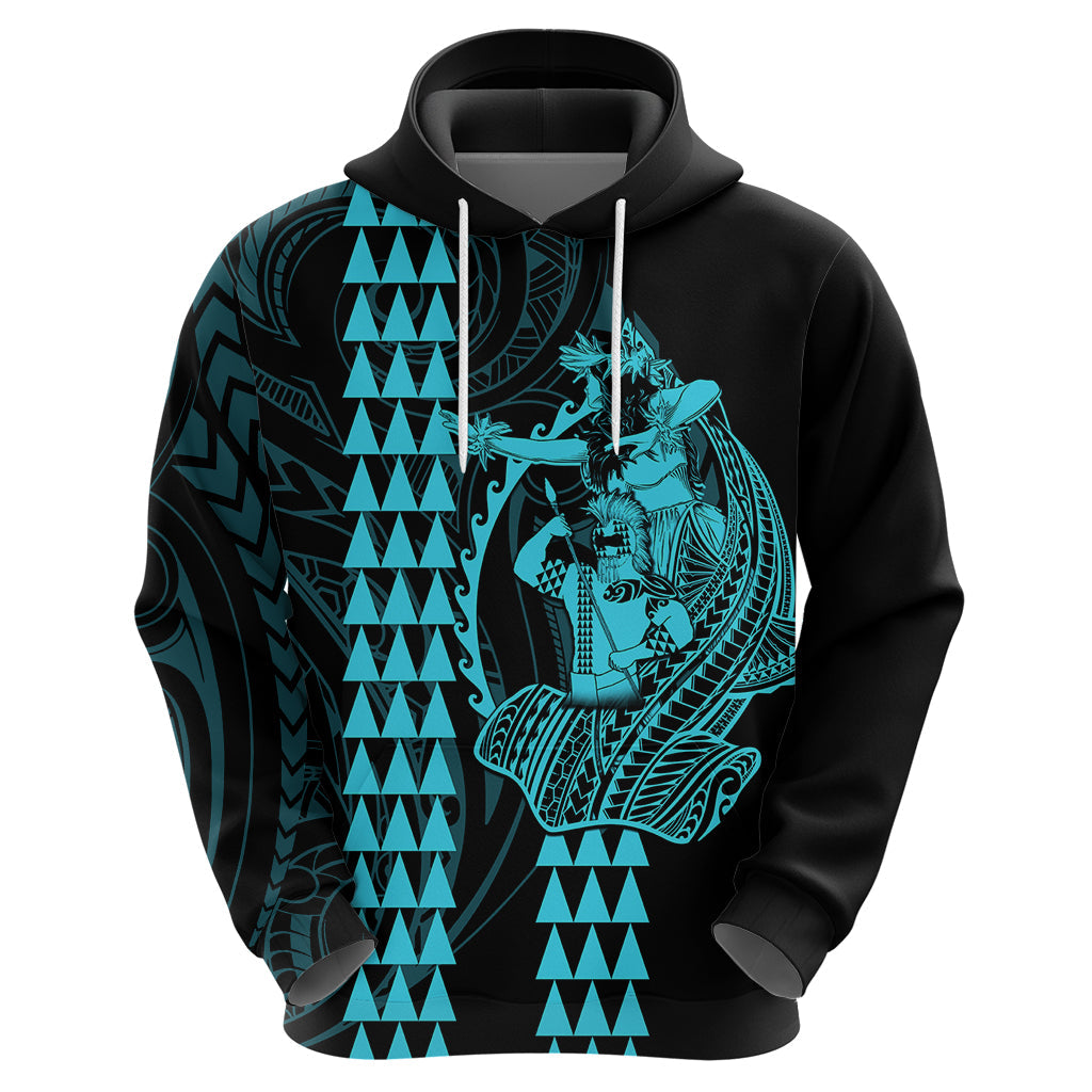 Polynesian Hoodie Hawaiian Warrior and Aloha Girl With Hammerhead Shark Tattoos Light Blue LT6