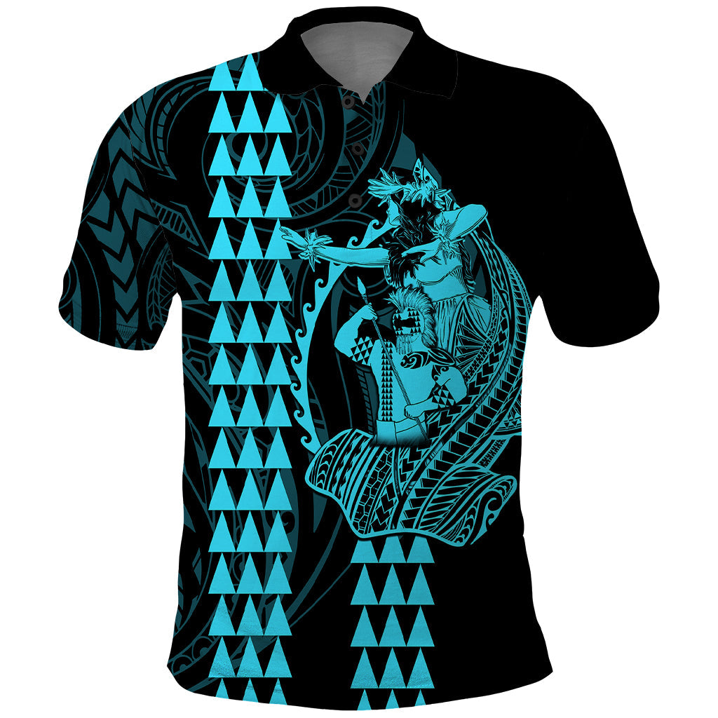 Polynesian Polo Shirt Hawaiian Warrior and Aloha Girl With Hammerhead Shark Tattoos Light Blue LT6