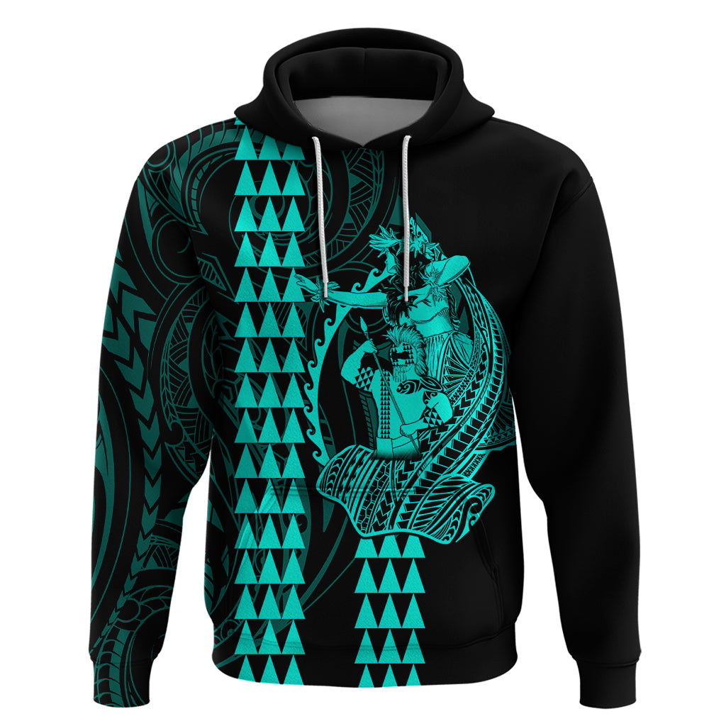 Polynesian Hoodie Hawaiian Warrior and Aloha Girl With Hammerhead Shark Tattoos Turquoise LT6
