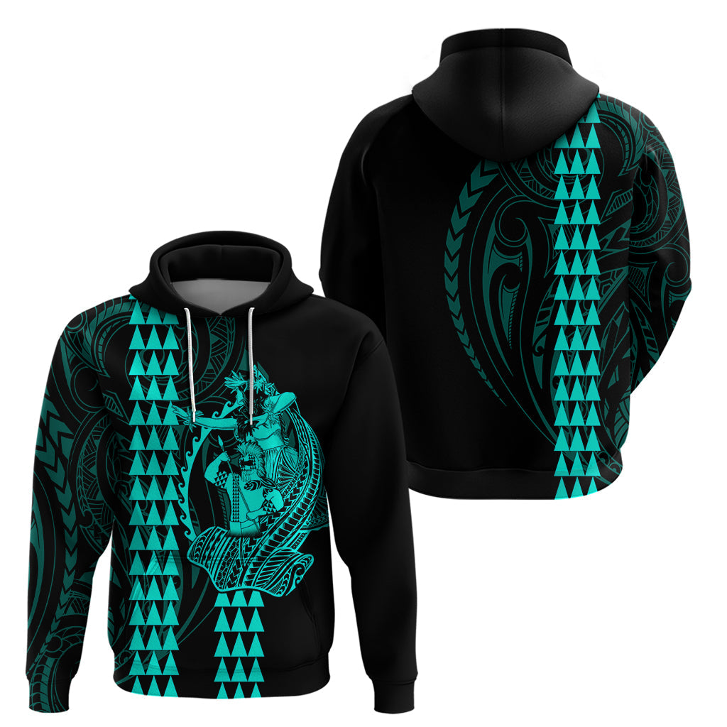 Polynesian Hoodie Hawaiian Warrior and Aloha Girl With Hammerhead Shark Tattoos Turquoise LT6