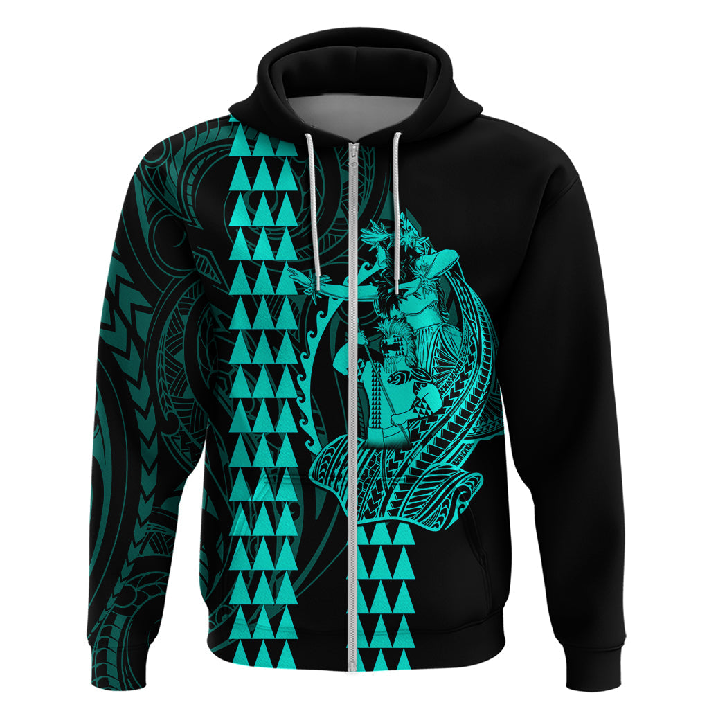 Polynesian Hoodie Hawaiian Warrior and Aloha Girl With Hammerhead Shark Tattoos Turquoise LT6