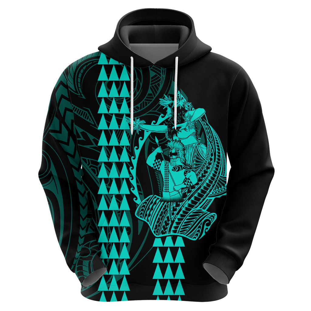 Polynesian Hoodie Hawaiian Warrior and Aloha Girl With Hammerhead Shark Tattoos Turquoise LT6