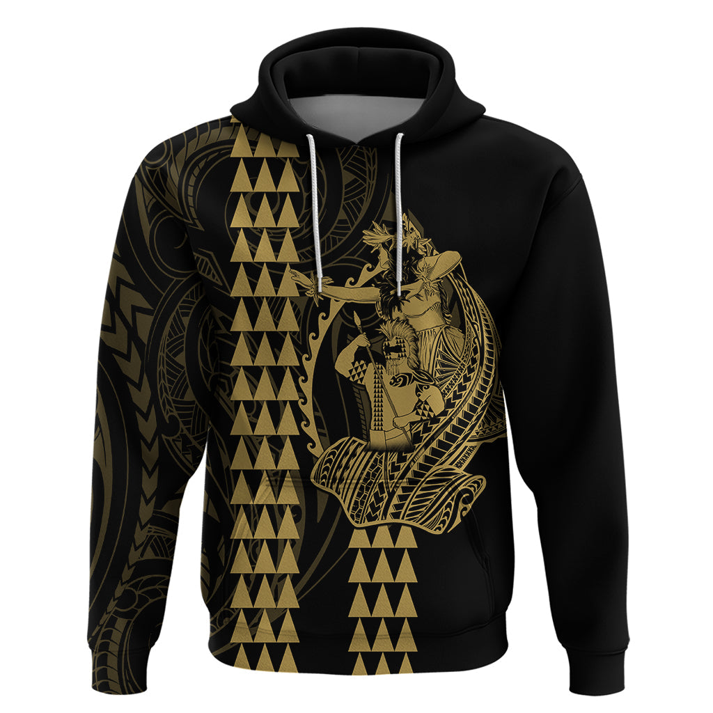 Polynesian Hoodie Hawaiian Warrior and Aloha Girl With Hammerhead Shark Tattoos Gold LT6