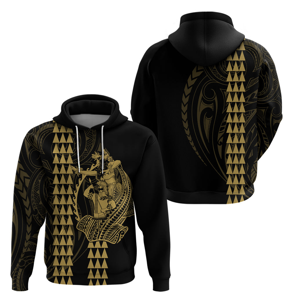 Polynesian Hoodie Hawaiian Warrior and Aloha Girl With Hammerhead Shark Tattoos Gold LT6