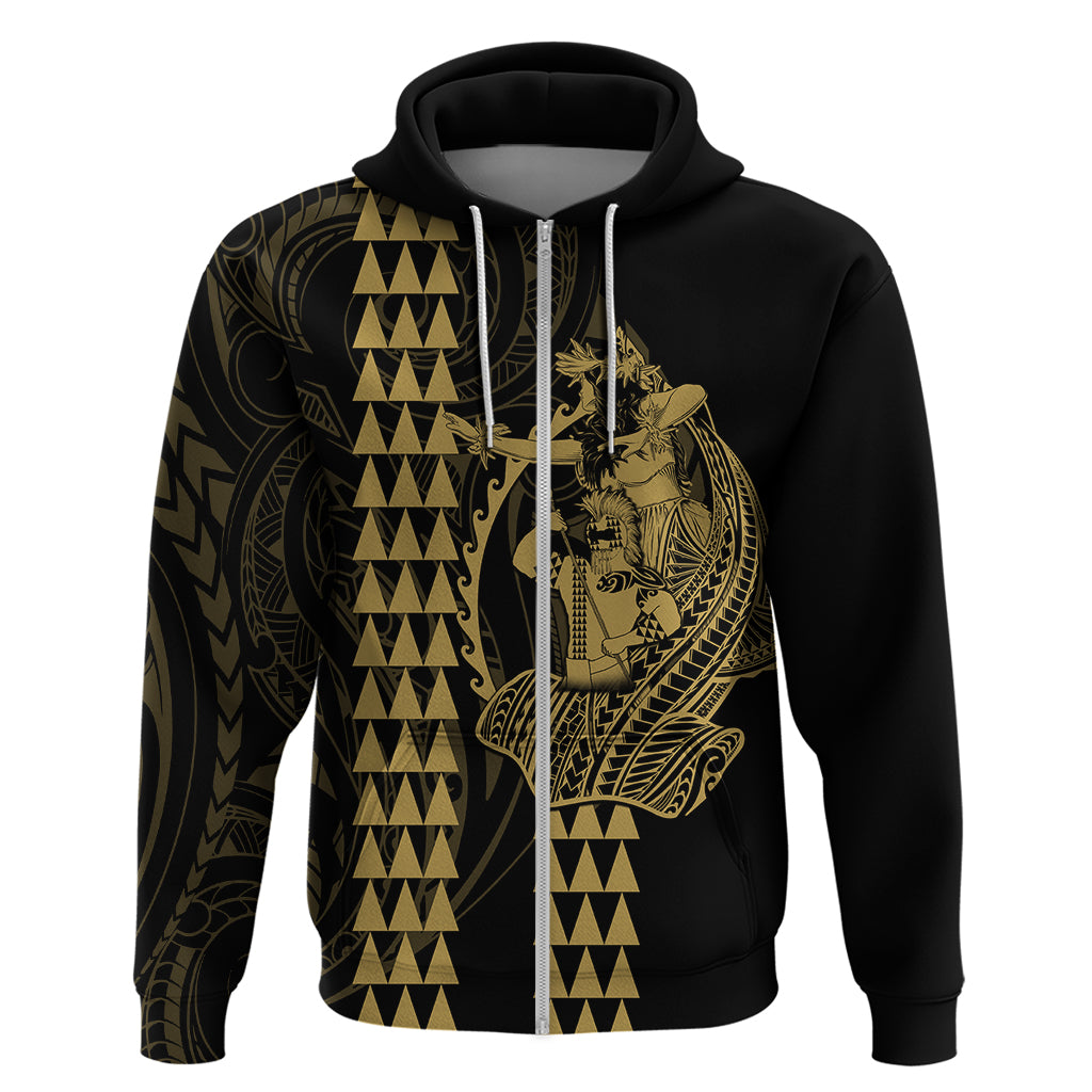 Polynesian Hoodie Hawaiian Warrior and Aloha Girl With Hammerhead Shark Tattoos Gold LT6