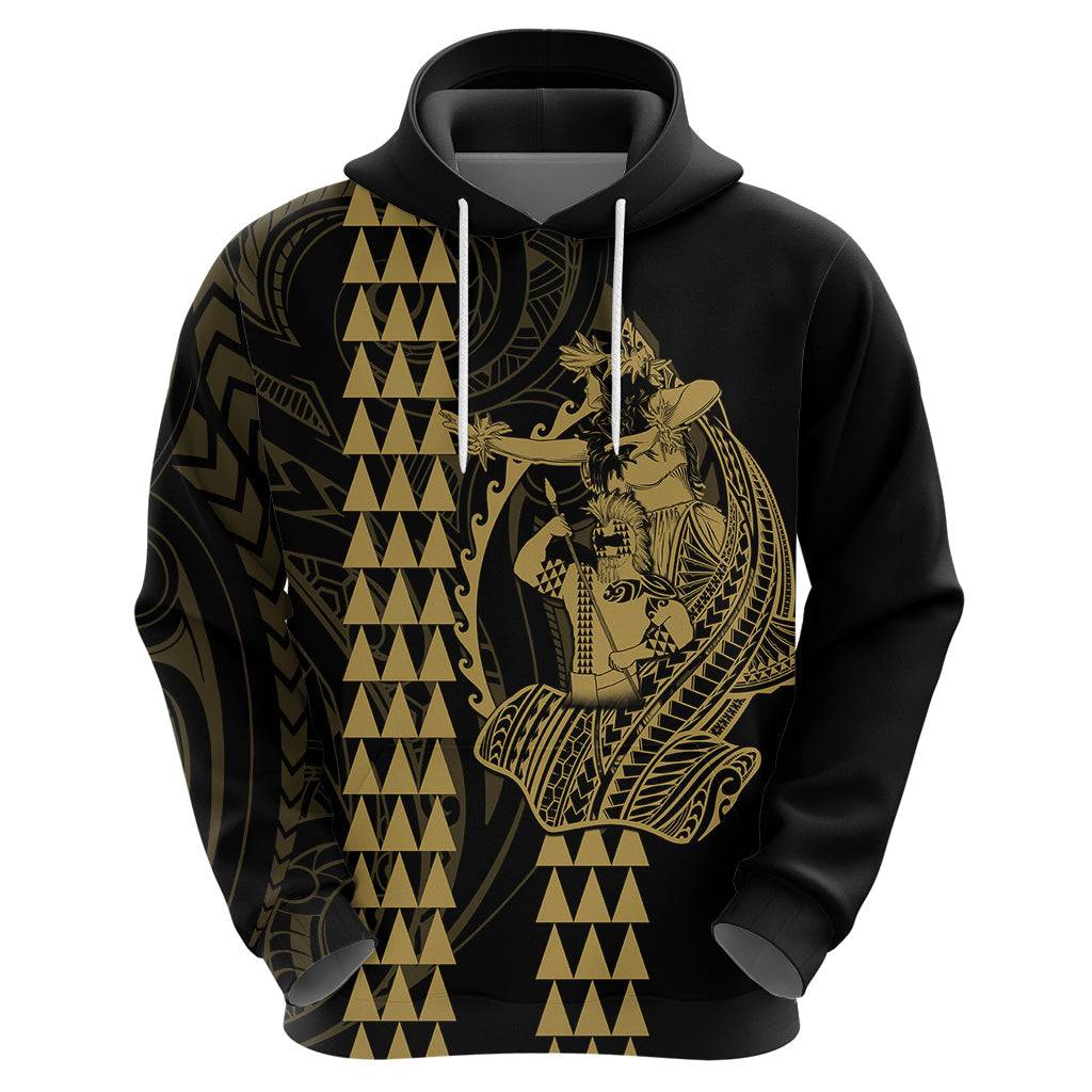 Polynesian Hoodie Hawaiian Warrior and Aloha Girl With Hammerhead Shark Tattoos Gold LT6