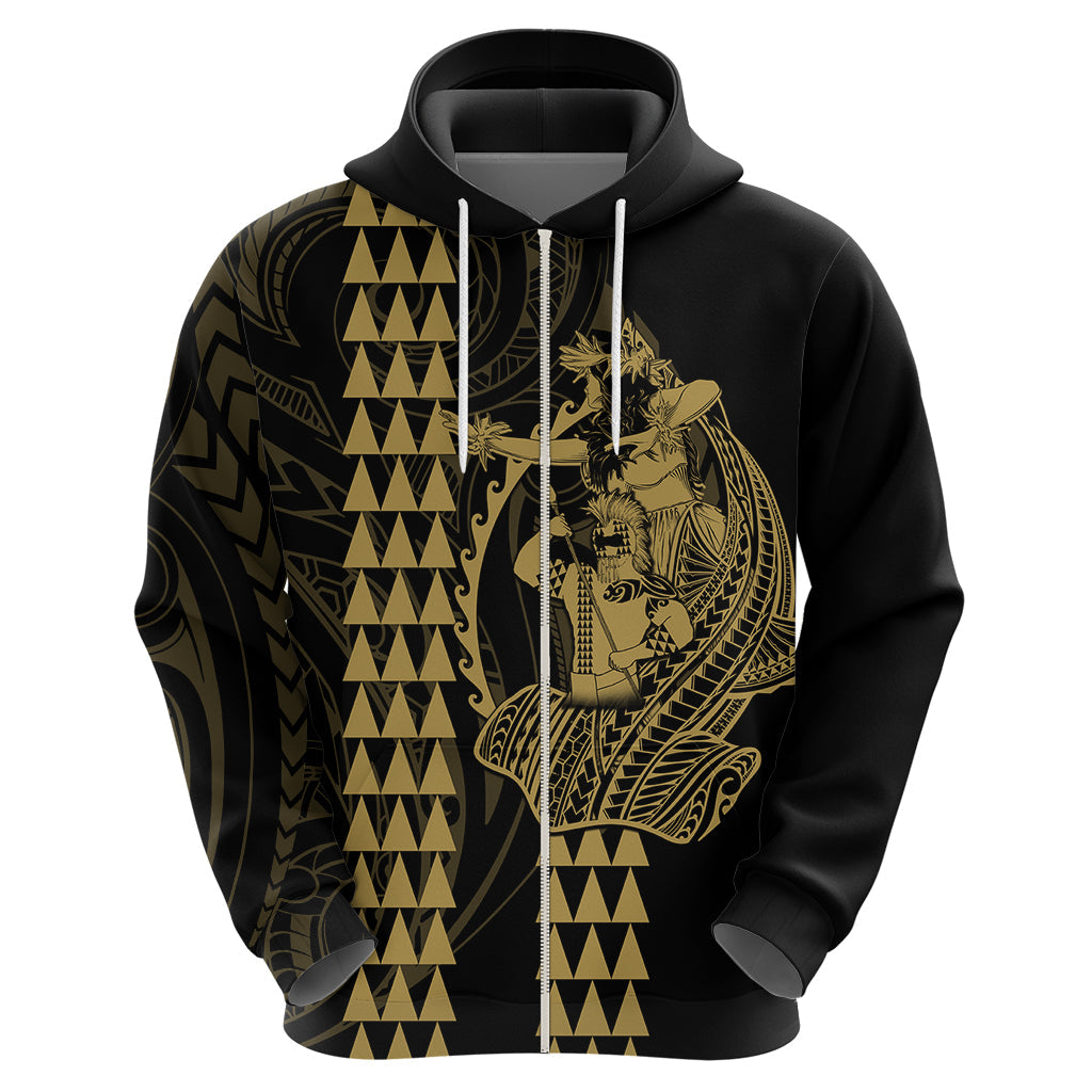 Polynesian Hoodie Hawaiian Warrior and Aloha Girl With Hammerhead Shark Tattoos Gold LT6