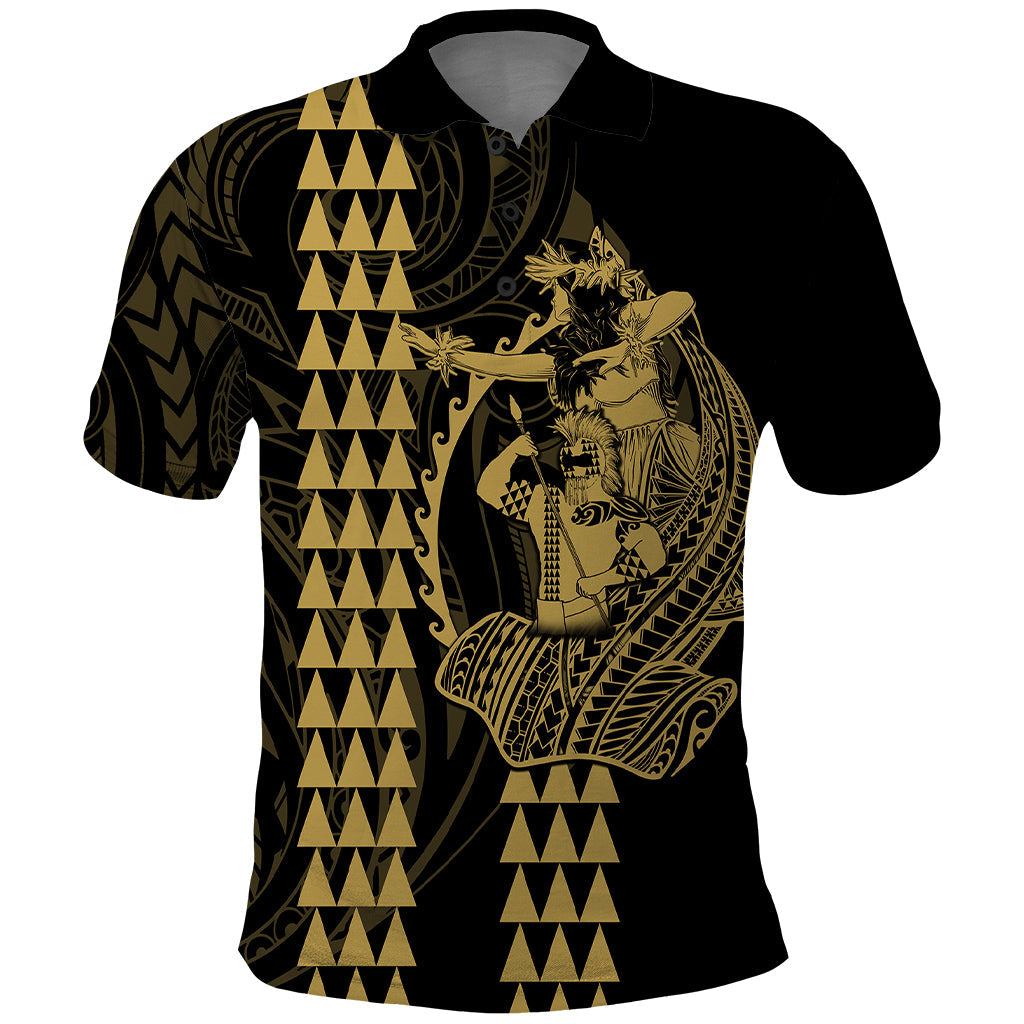 Polynesian Polo Shirt Hawaiian Warrior and Aloha Girl With Hammerhead Shark Tattoos Gold LT6