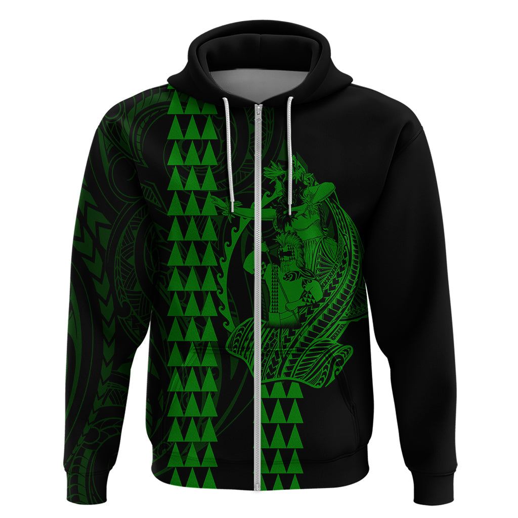 Polynesian Hoodie Hawaiian Warrior and Aloha Girl With Hammerhead Shark Tattoos Green LT6