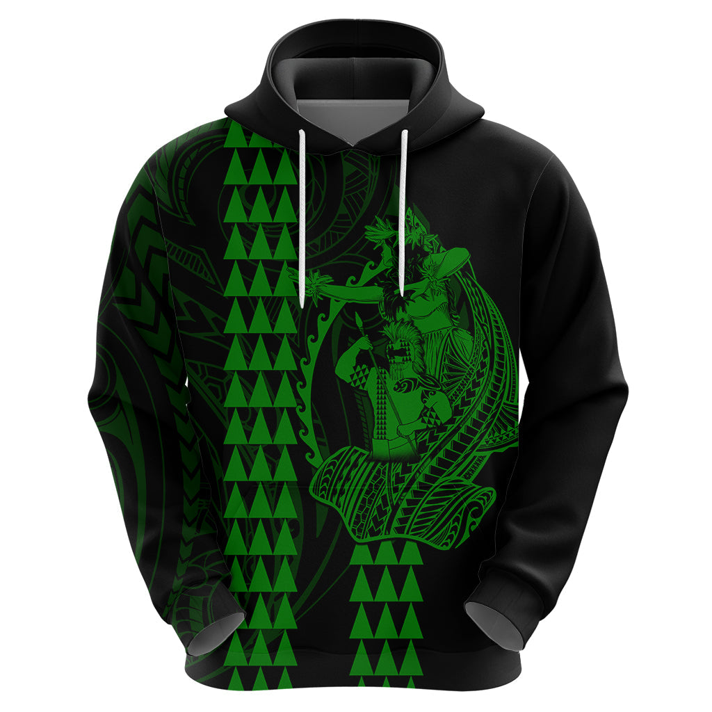 Polynesian Hoodie Hawaiian Warrior and Aloha Girl With Hammerhead Shark Tattoos Green LT6