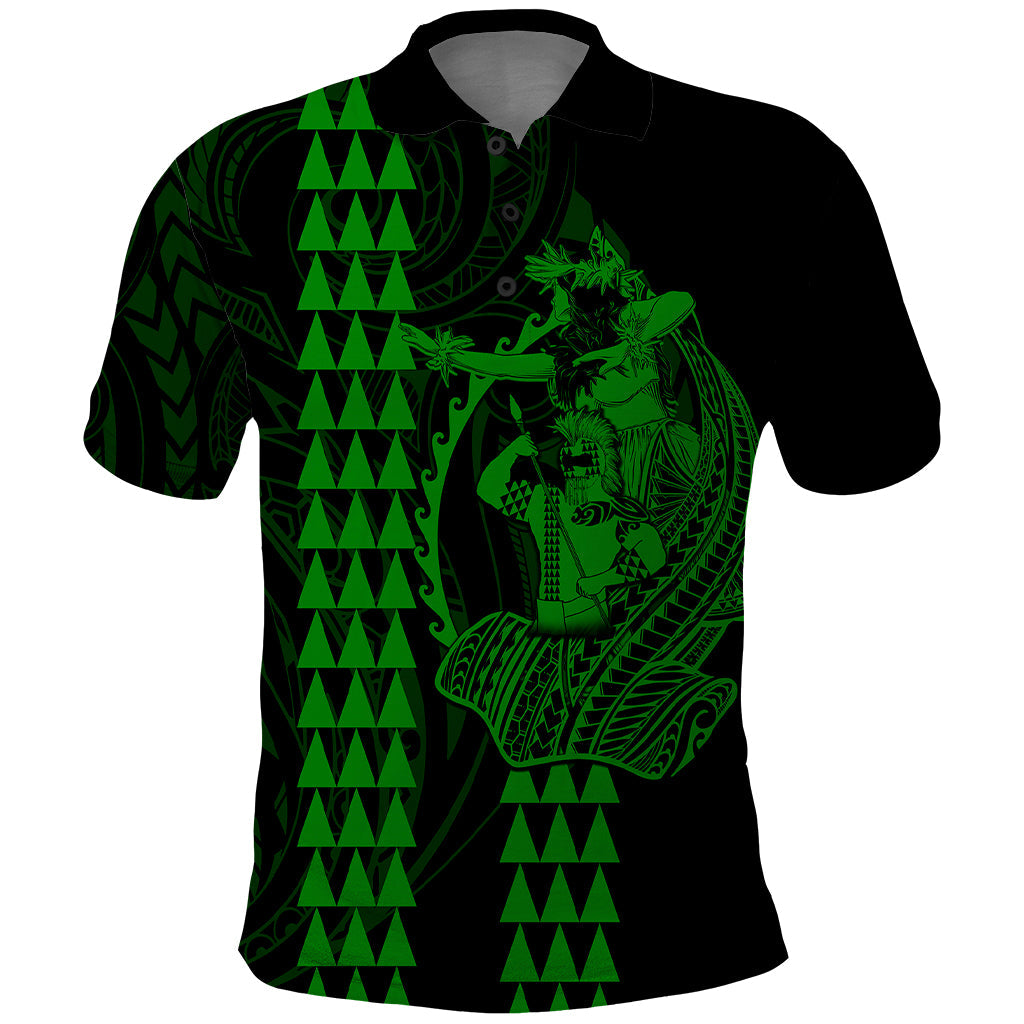 Polynesian Polo Shirt Hawaiian Warrior and Aloha Girl With Hammerhead Shark Tattoos Green LT6