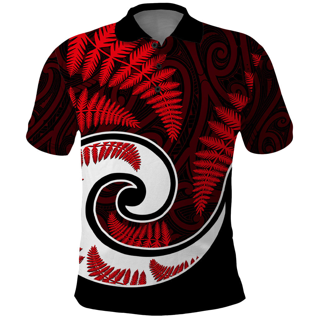 New Zealand Polo Shirt Maori With Silver Fern Red LT6