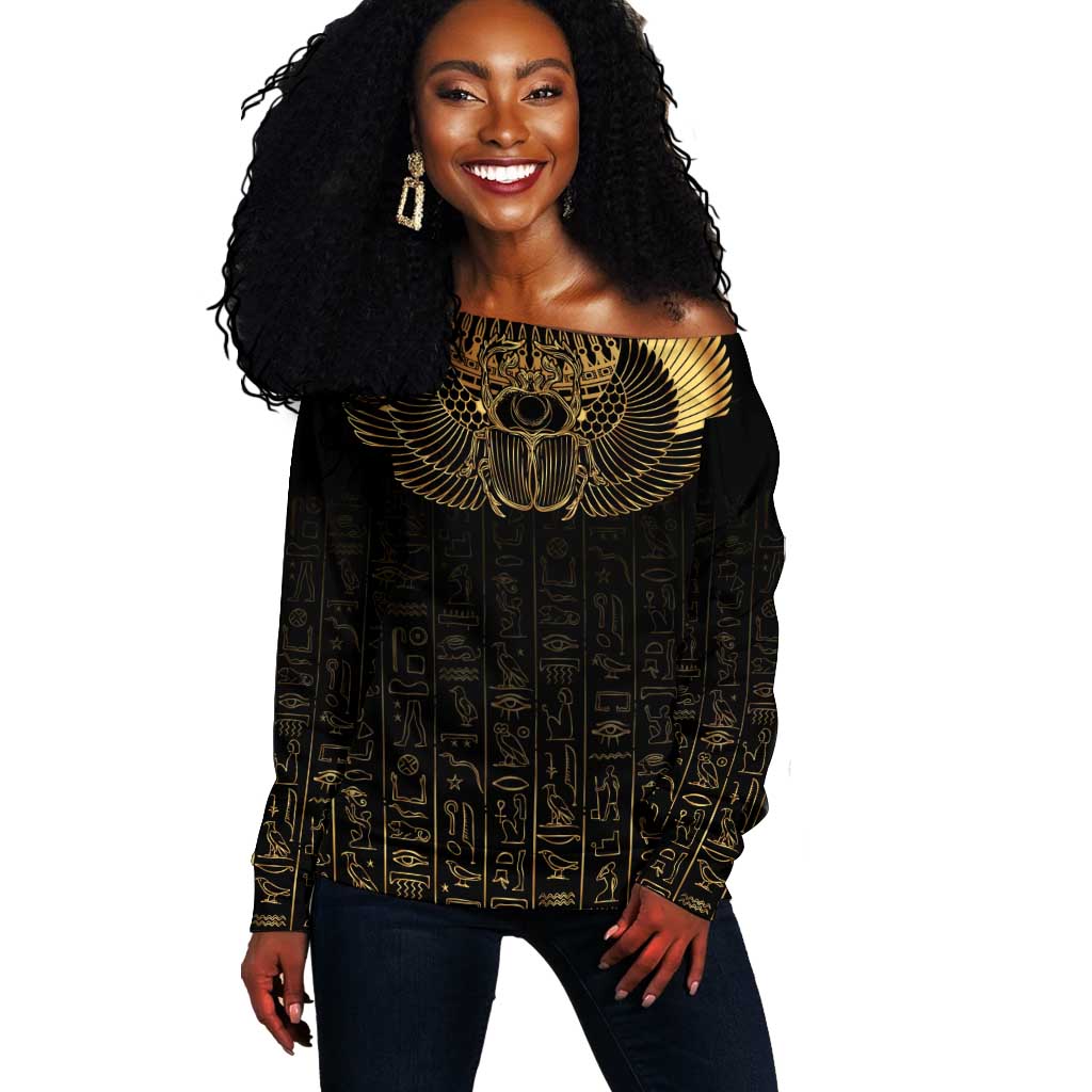 Ancient Egypt Off Shoulder Sweater Black Gold Scarab LT7