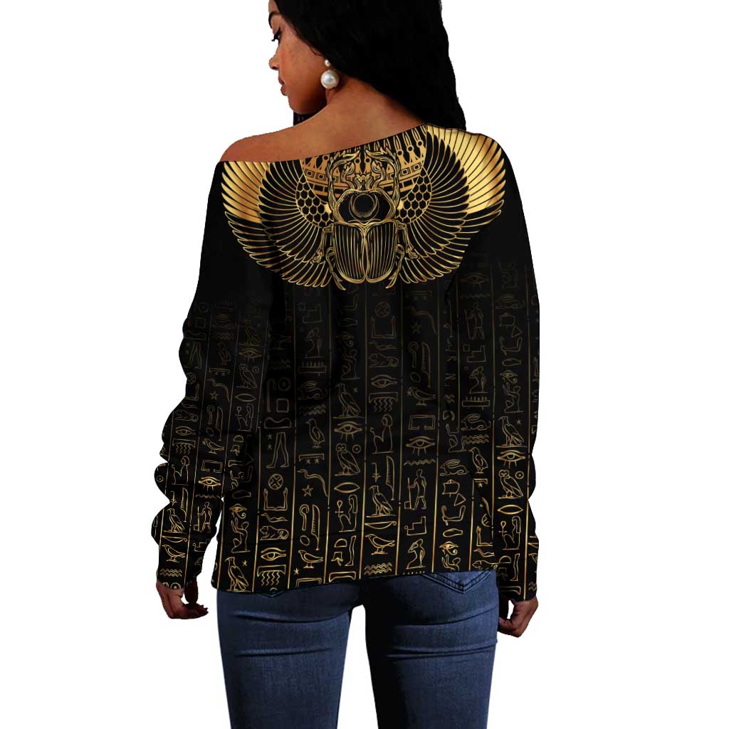 Ancient Egypt Off Shoulder Sweater Black Gold Scarab LT7
