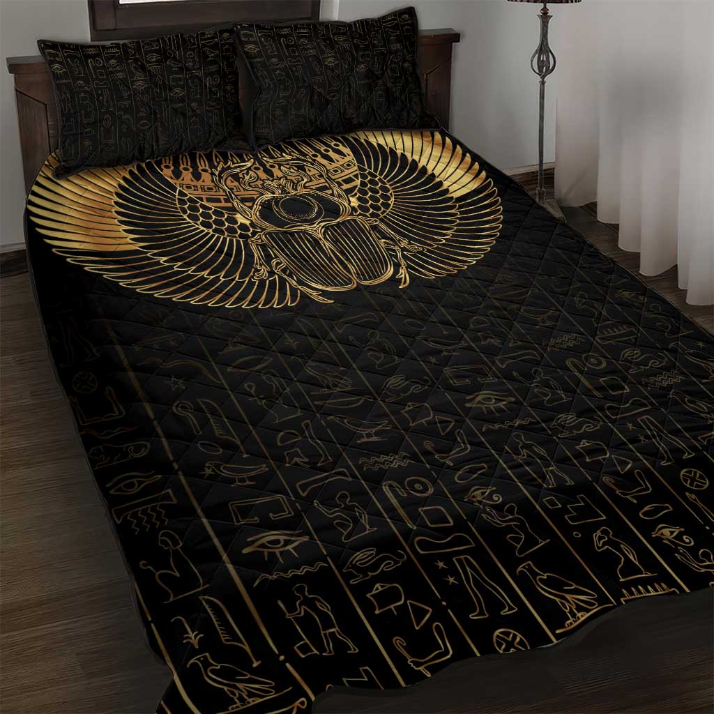 Ancient Egypt Quilt Bed Set Black Gold Scarab LT7