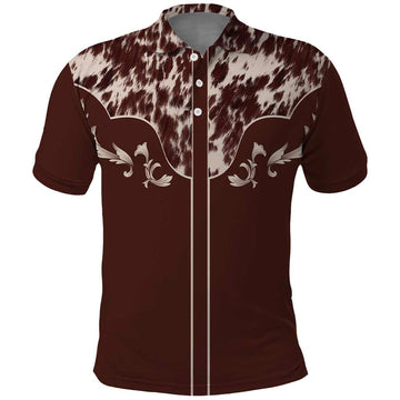 Cowboys Wild West Polo Shirt Dark Brown Cow Prints LT7