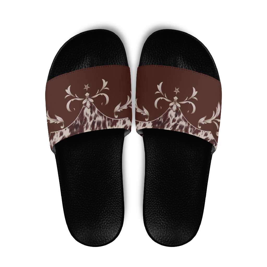 Cowboys Wild West Slide Sandals Dark Brown Cow Prints LT7