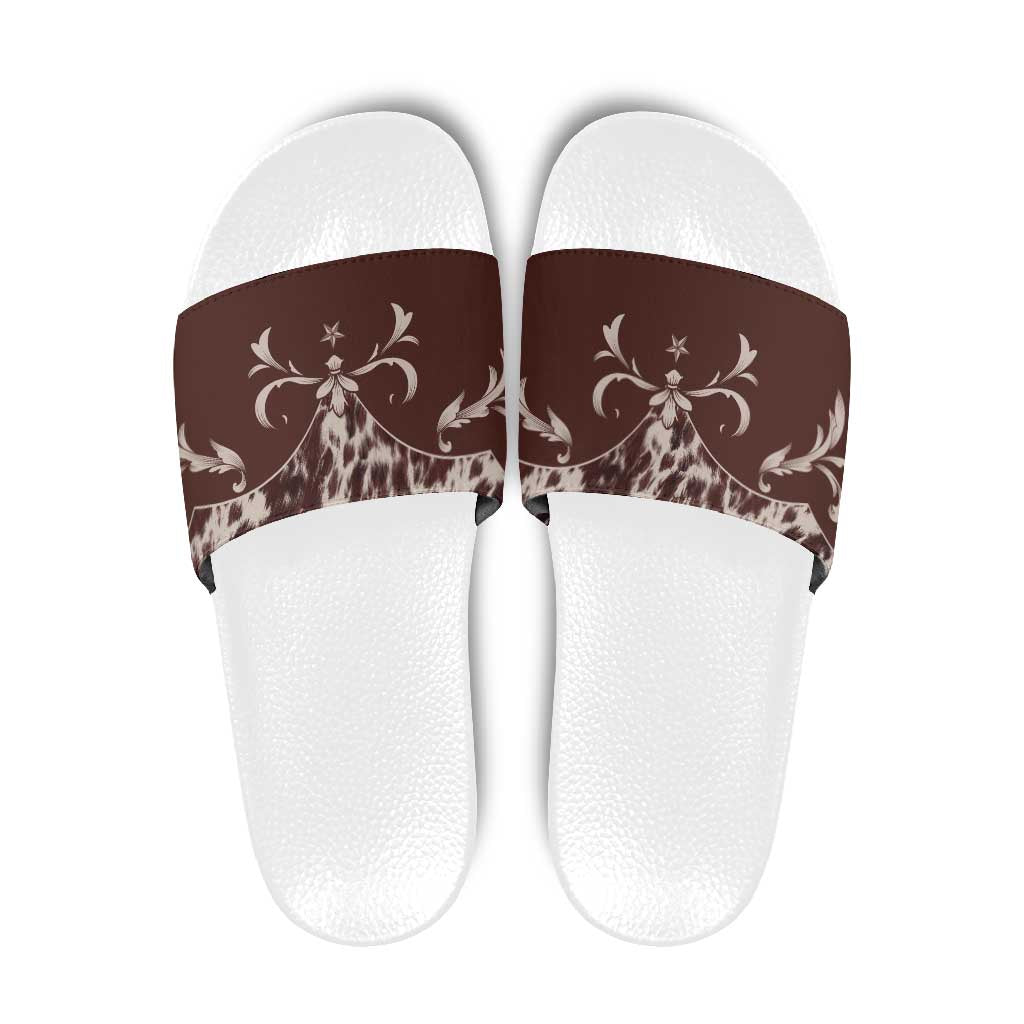 Cowboys Wild West Slide Sandals Dark Brown Cow Prints LT7
