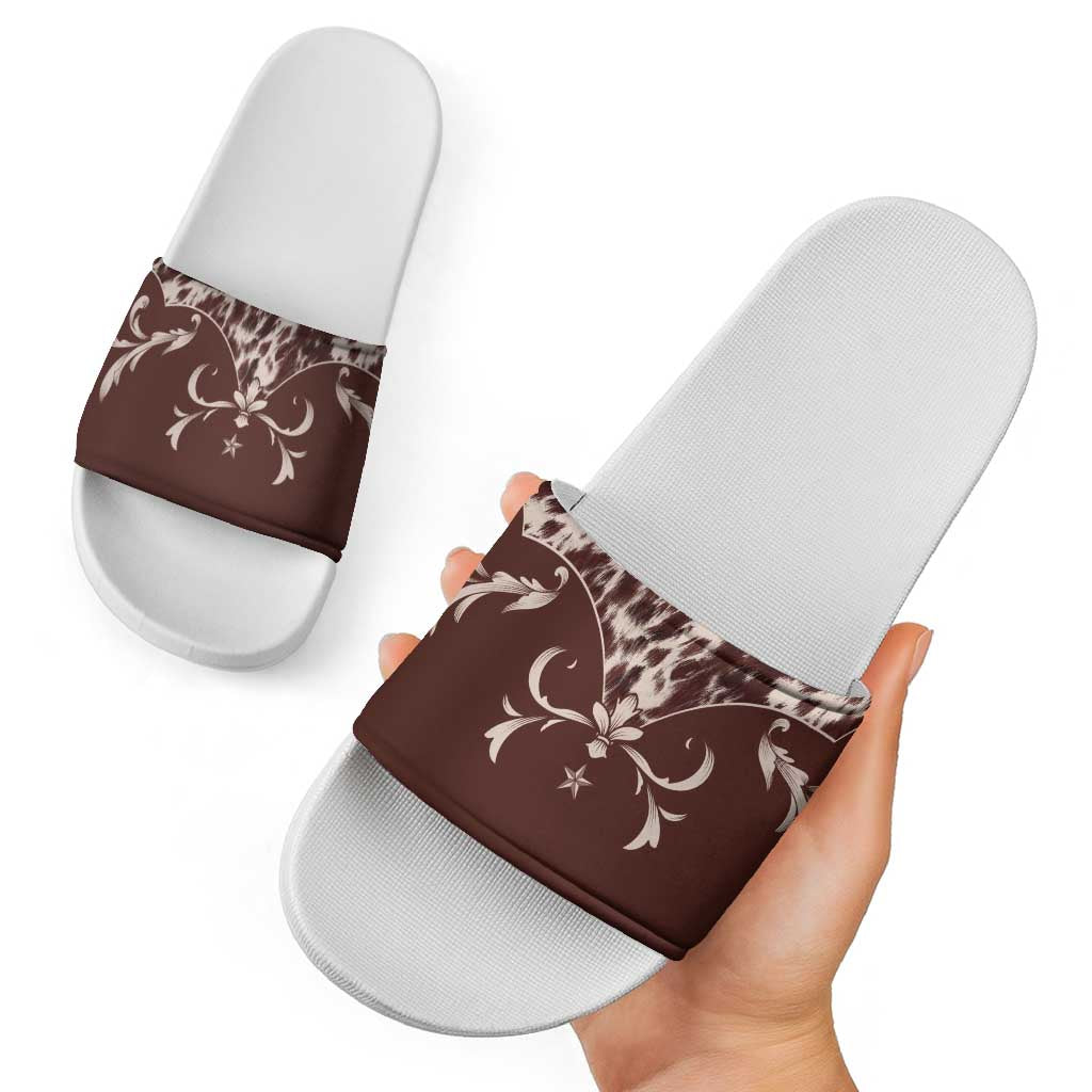 Cowboys Wild West Slide Sandals Dark Brown Cow Prints LT7