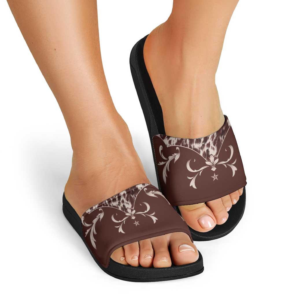 Cowboys Wild West Slide Sandals Dark Brown Cow Prints LT7