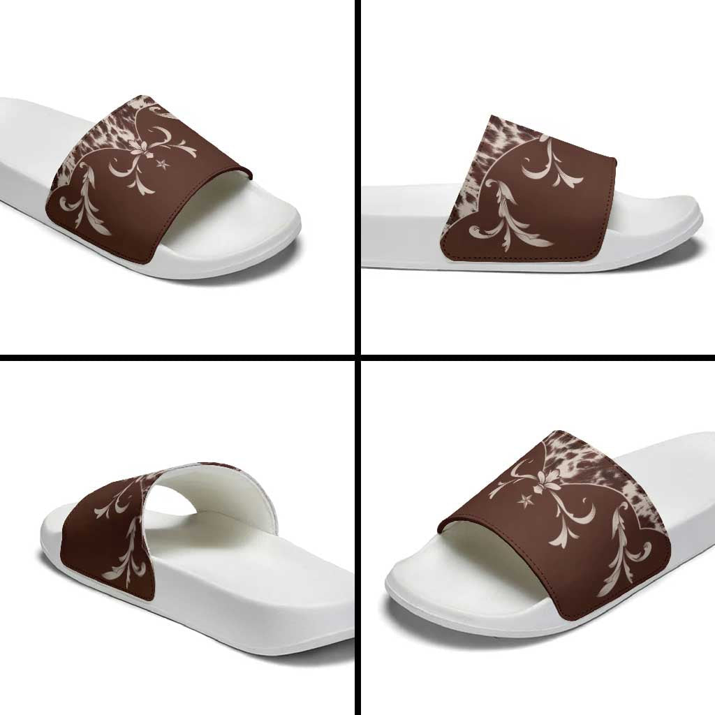 Cowboys Wild West Slide Sandals Dark Brown Cow Prints LT7