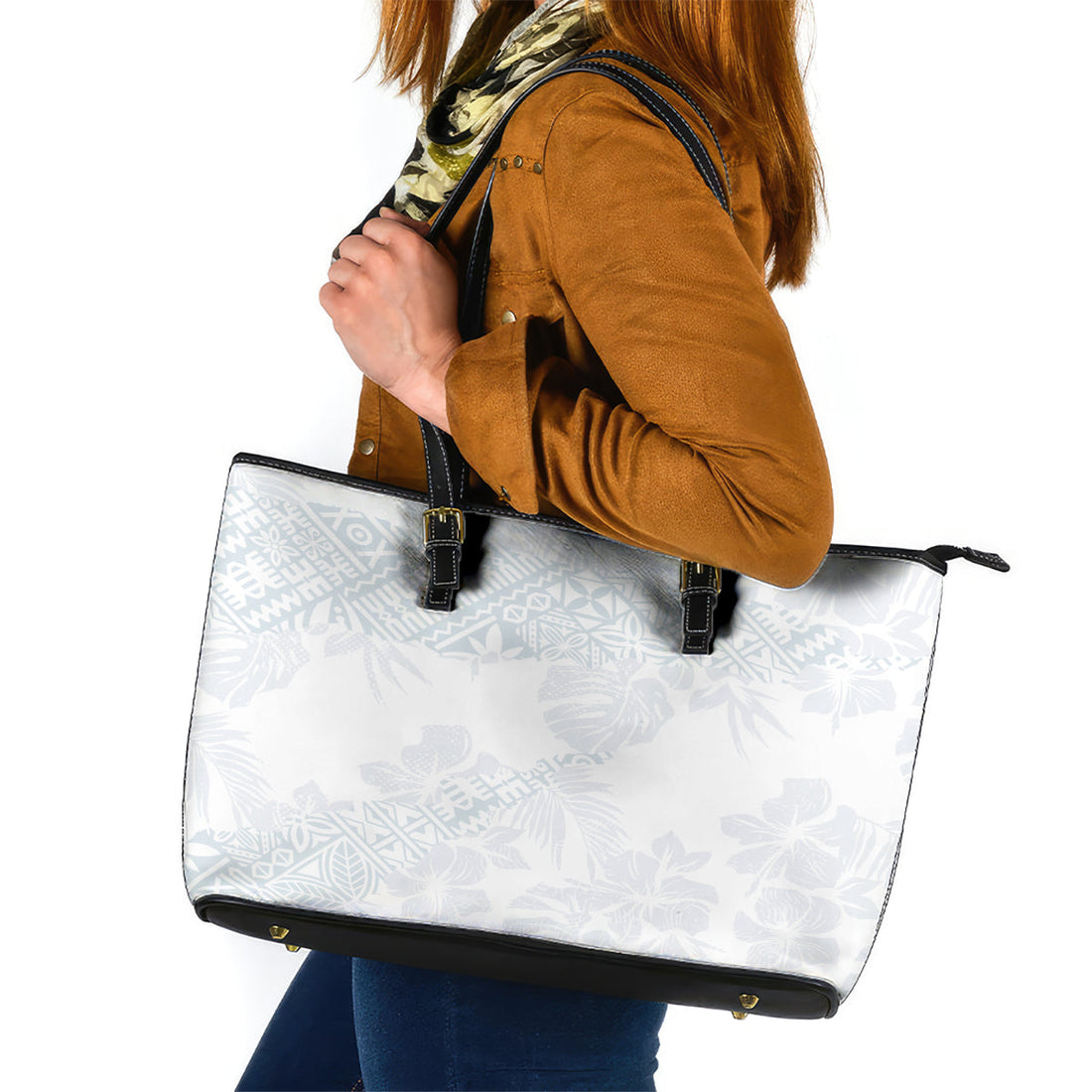 Samoa White Sunday Leather Tote Bag Hibiscus Special LT7