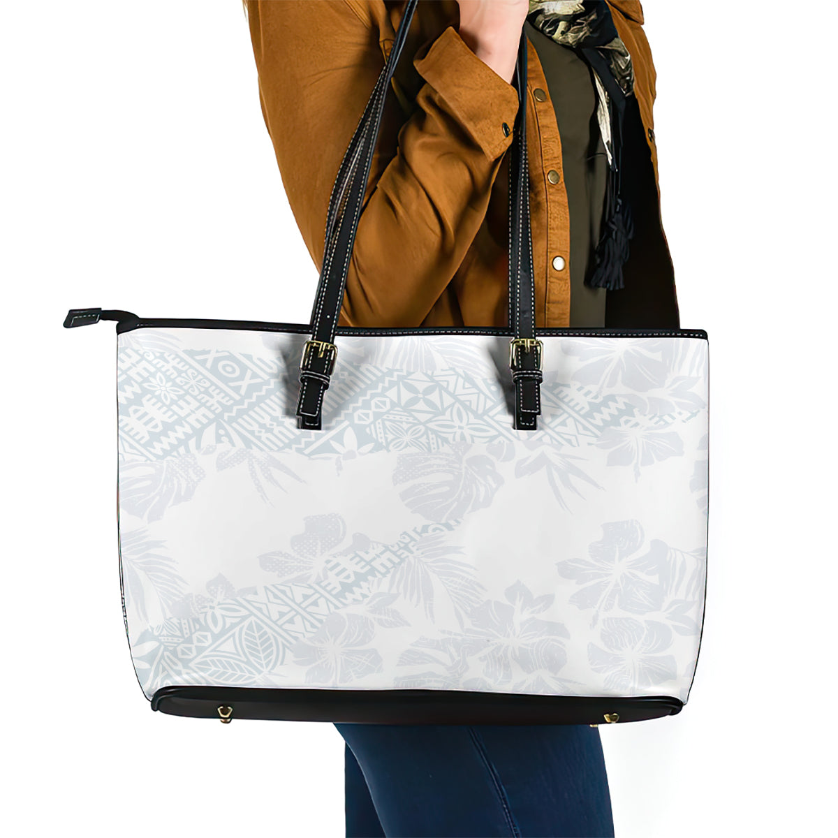 Samoa White Sunday Leather Tote Bag Hibiscus Special LT7