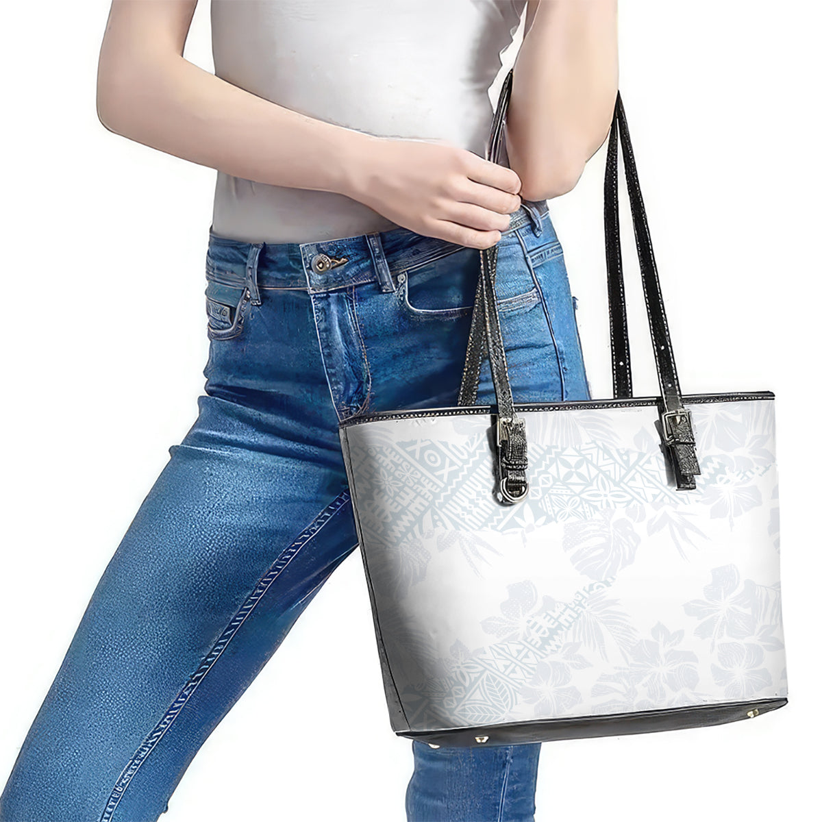 Samoa White Sunday Leather Tote Bag Hibiscus Special LT7