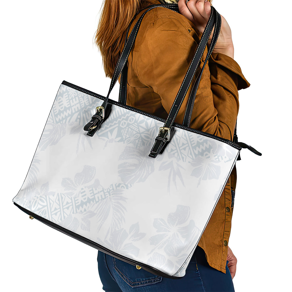 Samoa White Sunday Leather Tote Bag Hibiscus Special LT7
