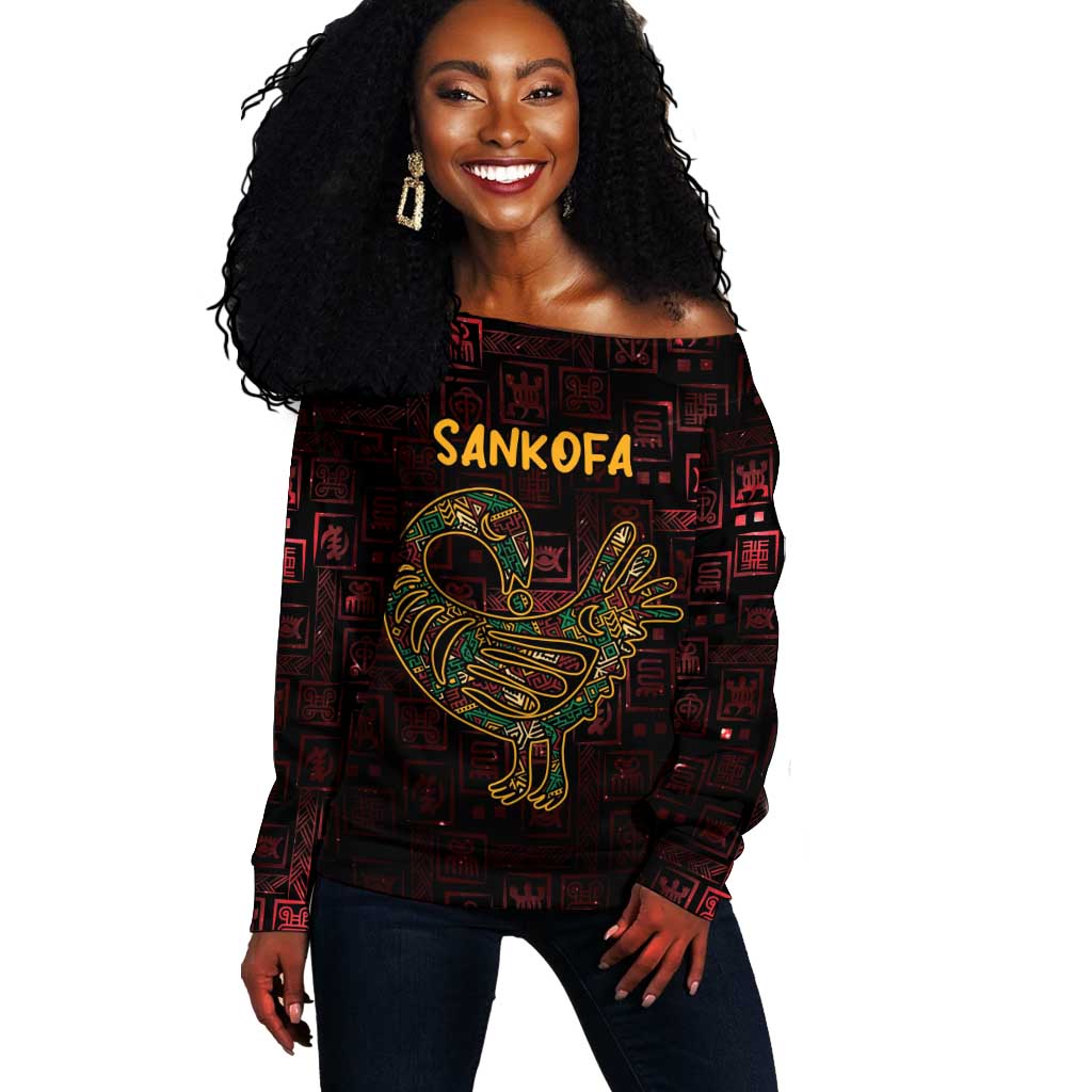 Afro-American Culture Off Shoulder Sweater Adinkra Sankofa Bird - Cosmic Red LT7