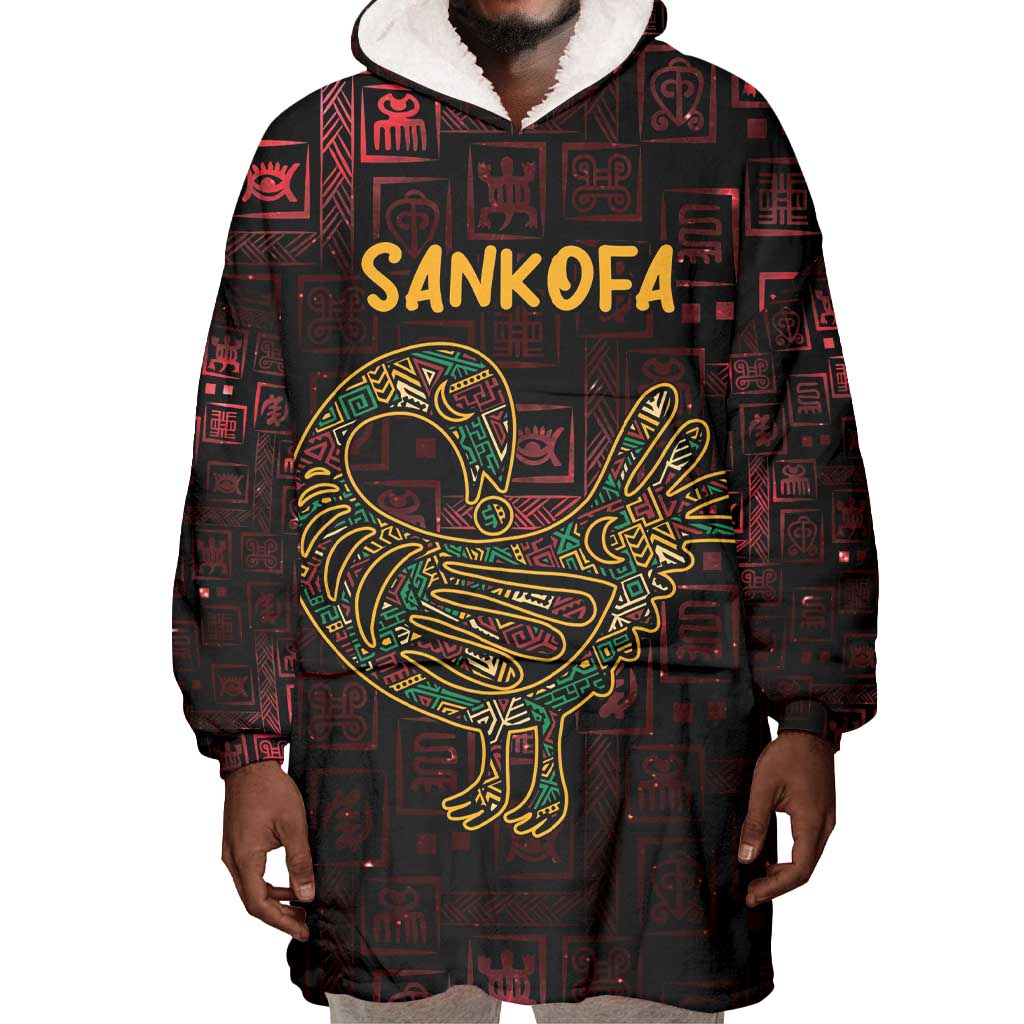 Afro-American Culture Wearable Blanket Hoodie Adinkra Sankofa Bird - Cosmic Red LT7
