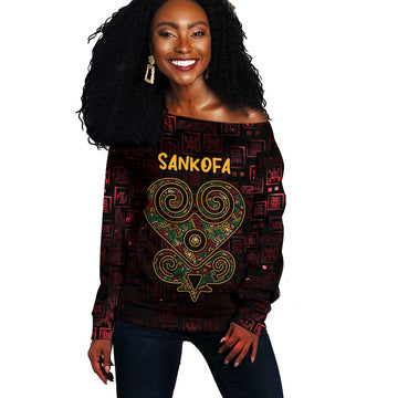 Afro-American Culture Off Shoulder Sweater Adinkra Sankofa Heart - Cosmic Red LT7