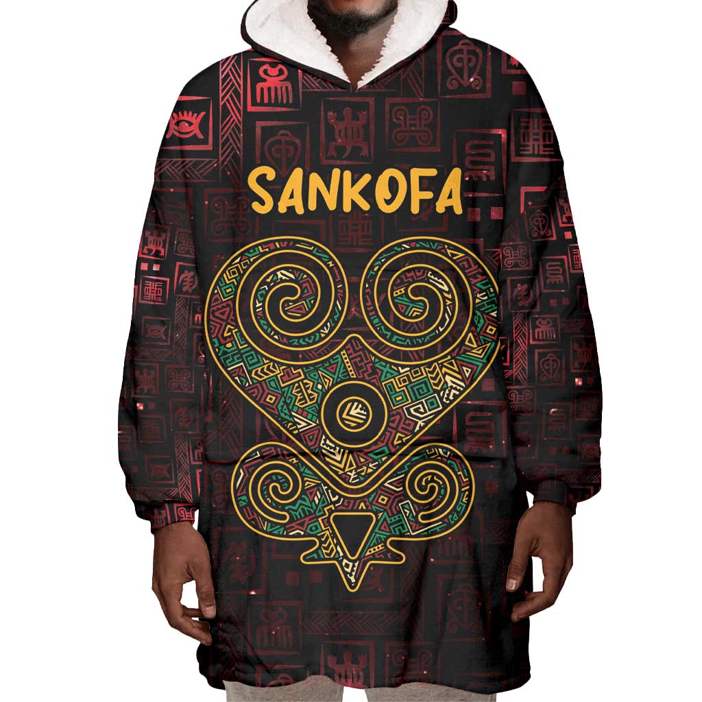 Afro-American Culture Wearable Blanket Hoodie Adinkra Sankofa Heart - Cosmic Red LT7