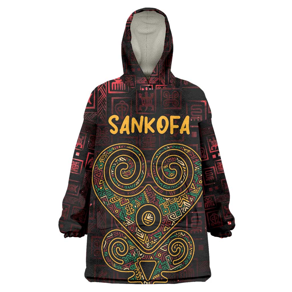 Afro-American Culture Wearable Blanket Hoodie Adinkra Sankofa Heart - Cosmic Red LT7