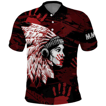 Native American MMIW Polo Shirt Red Handprint Grunge Style LT7
