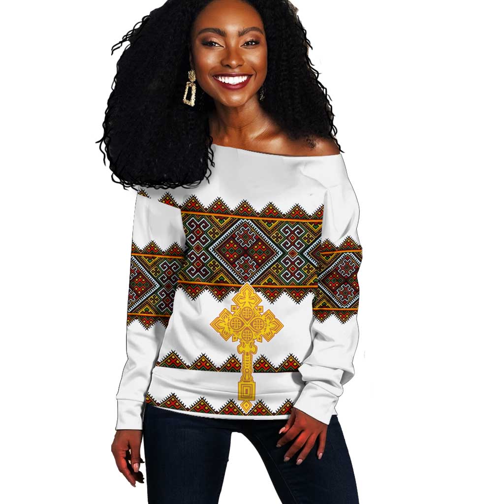 Eritrea Off Shoulder Sweater Tilet Mix Eritrean Cross - White LT7