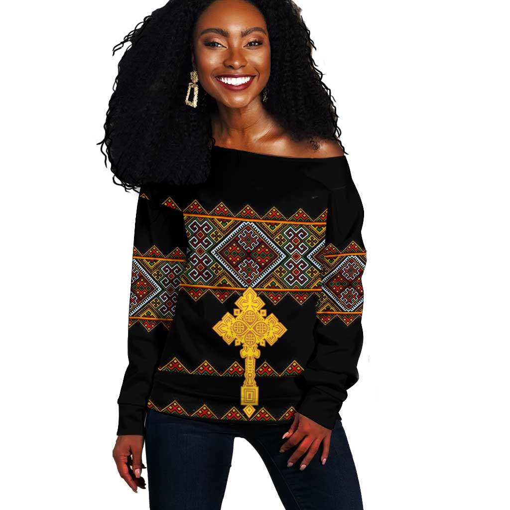 Eritrea Off Shoulder Sweater Tilet Mix Eritrean Cross - Black LT7