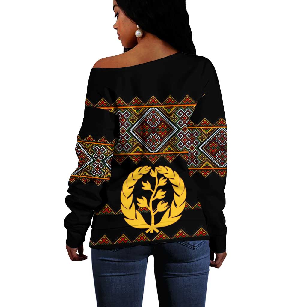 Eritrea Off Shoulder Sweater Tilet Mix Eritrean Cross - Black LT7
