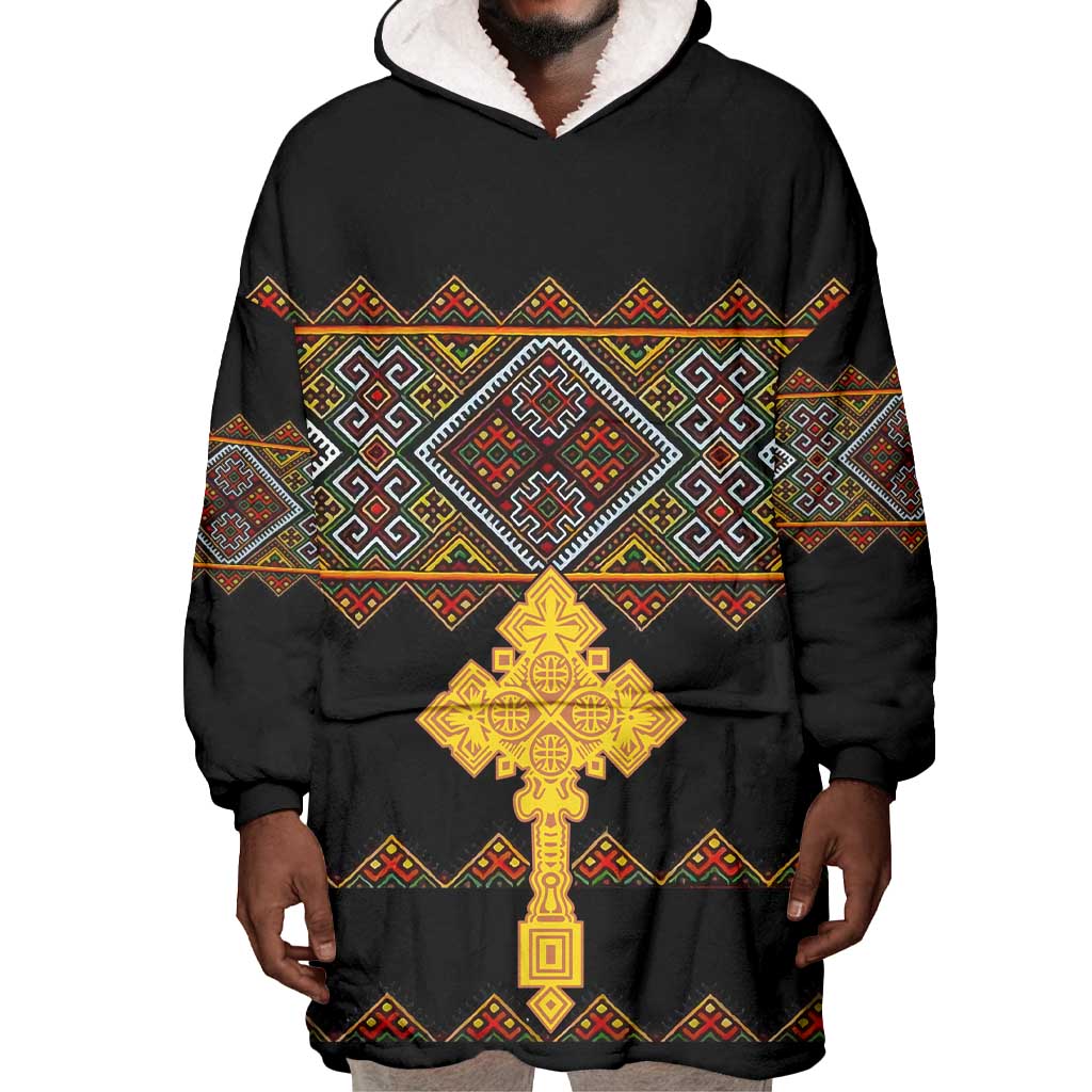 Eritrea Wearable Blanket Hoodie Tilet Mix Eritrean Cross - Black LT7