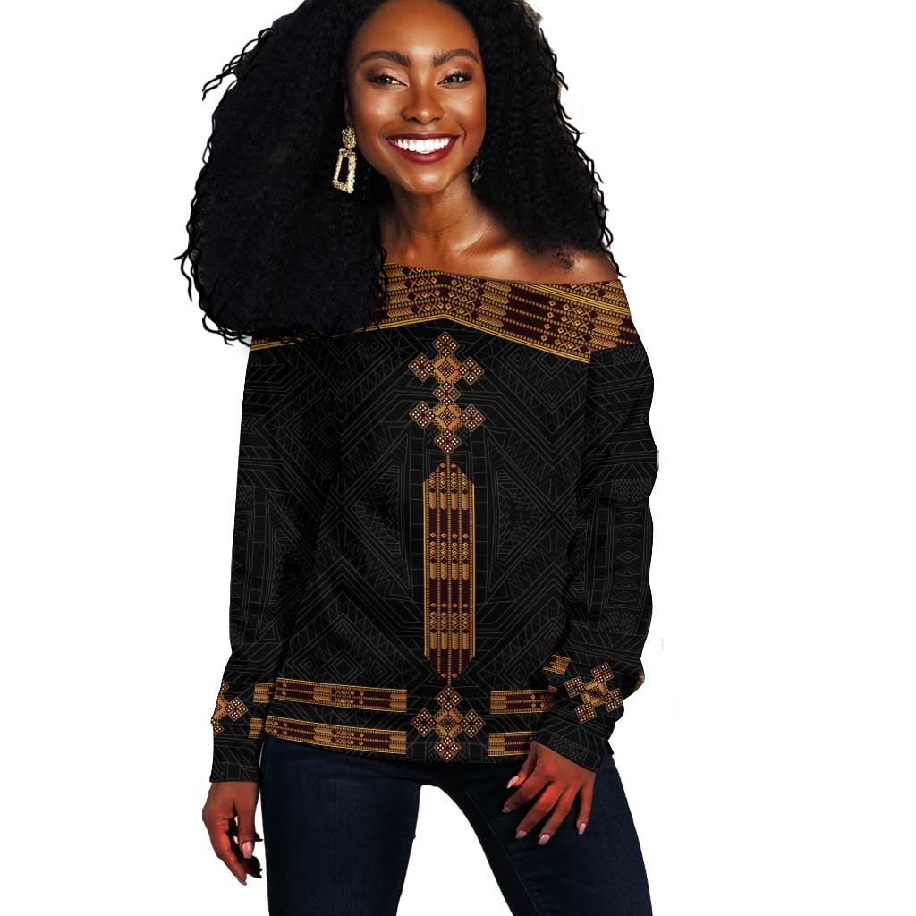 Eritrea Off Shoulder Sweater Tilet Habesha Style - Black LT7