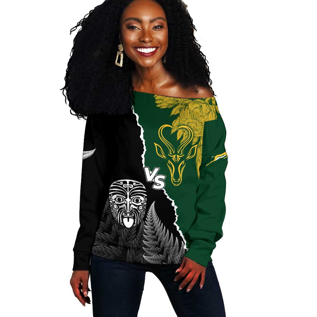 Personalised New Zealand Vs South Africa Rugby Off Shoulder Sweater Rivals Dynamics LT7